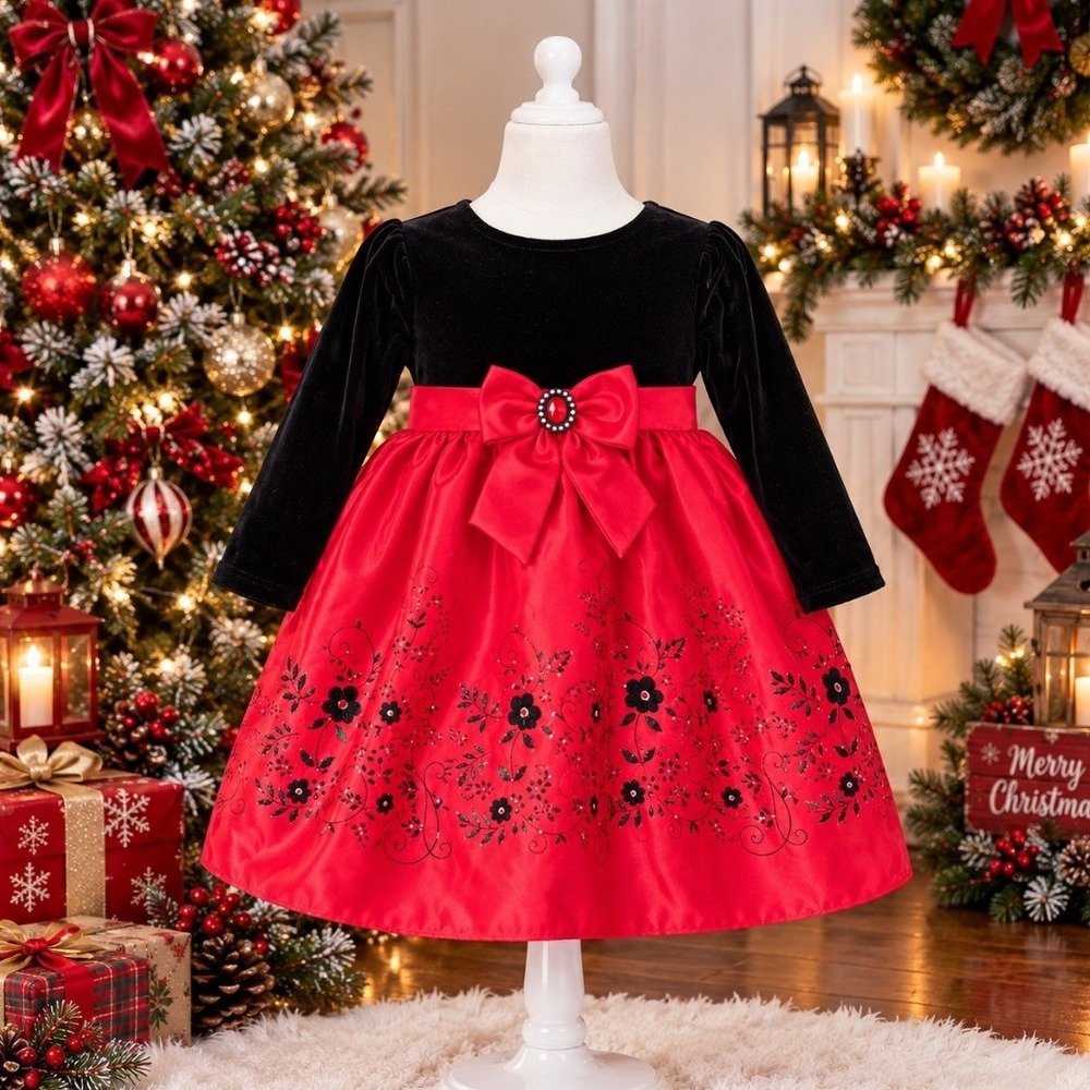 Youngland Girls Christmas Dress Black Velvet Red Satin Velvet Floral 24M NWOT